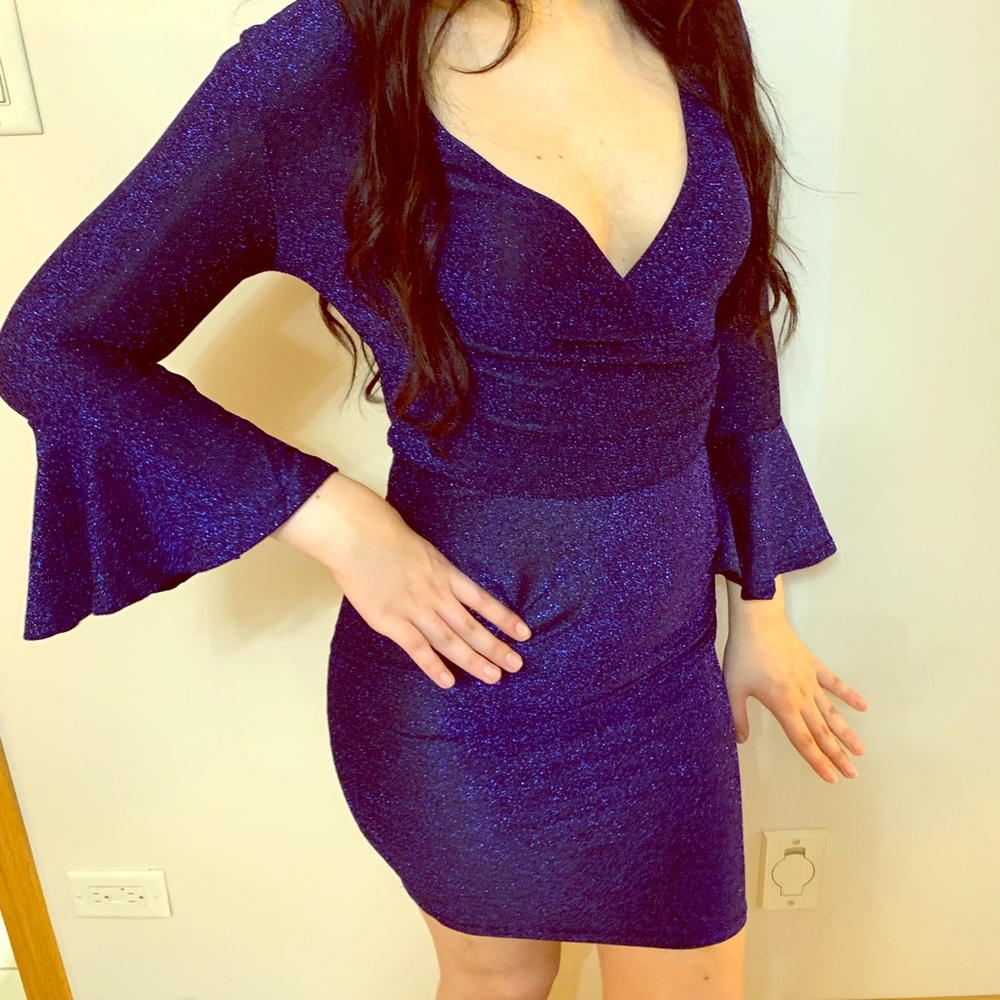 Sexy sparkly Royal Blue Bell Sleeve Dress